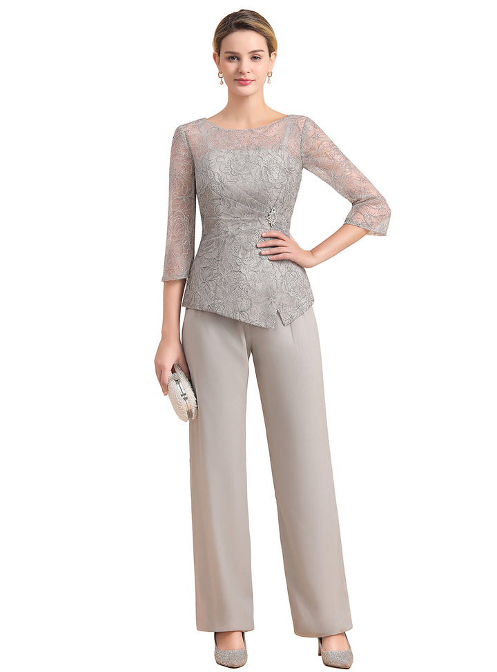 Scoop 3/4 Sleeves Lace Chiffon Jumpsuit-koscy