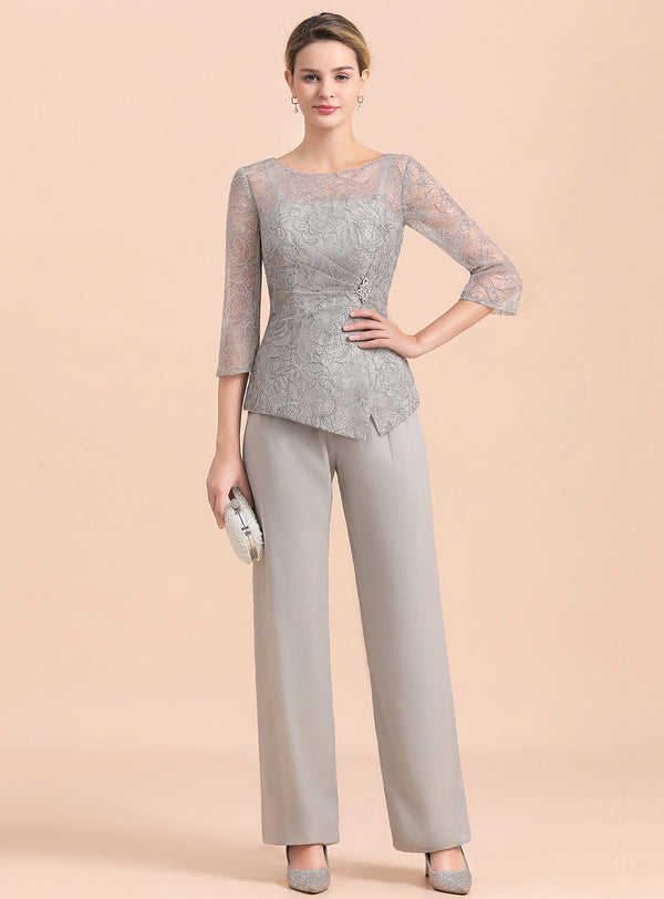 Scoop 3/4 Sleeves Lace Chiffon Jumpsuit-koscy