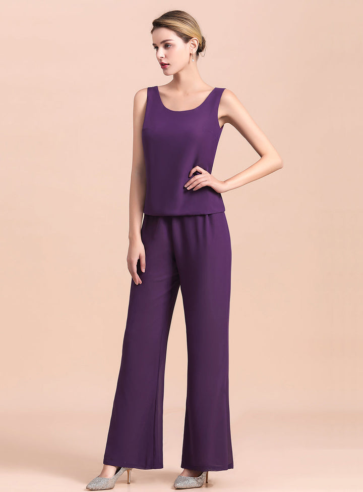 Scoop Straps Beading Chiffon Jumpsuit-koscy