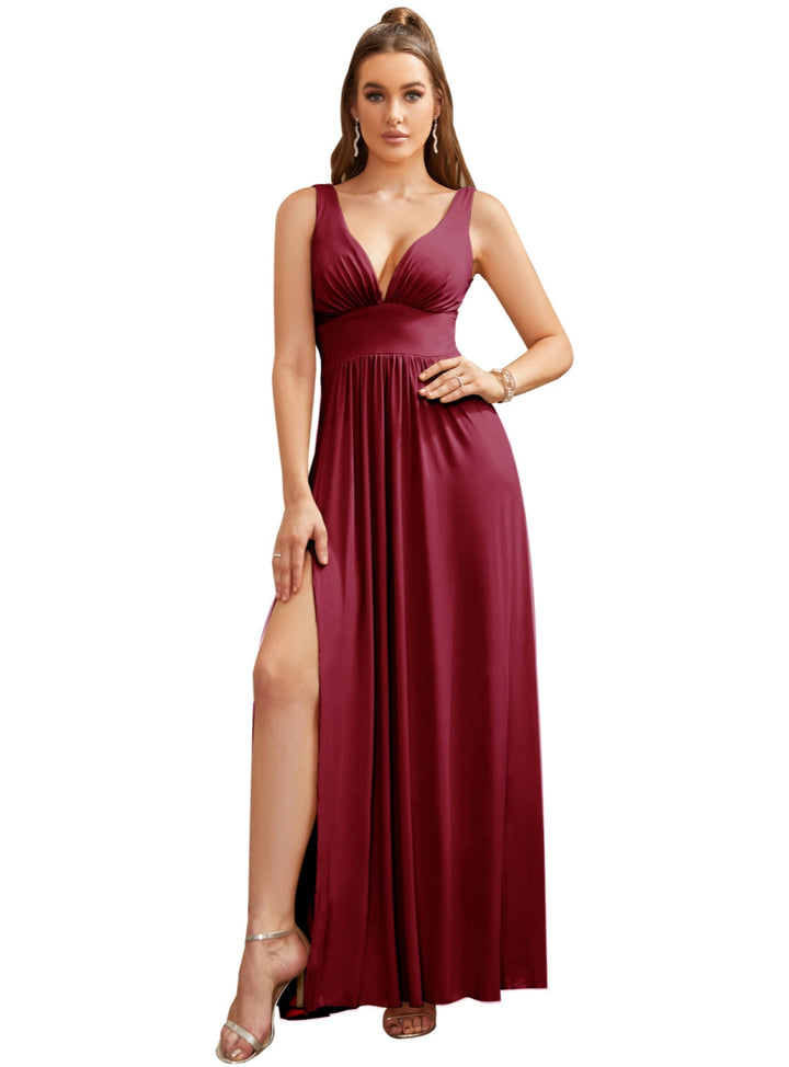 Sexy V-Neck Sleeveless Floor Length Dress with Slit-koscy