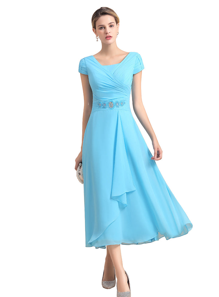 Short Sleeves Chiffon Tea-Length Dress-koscy