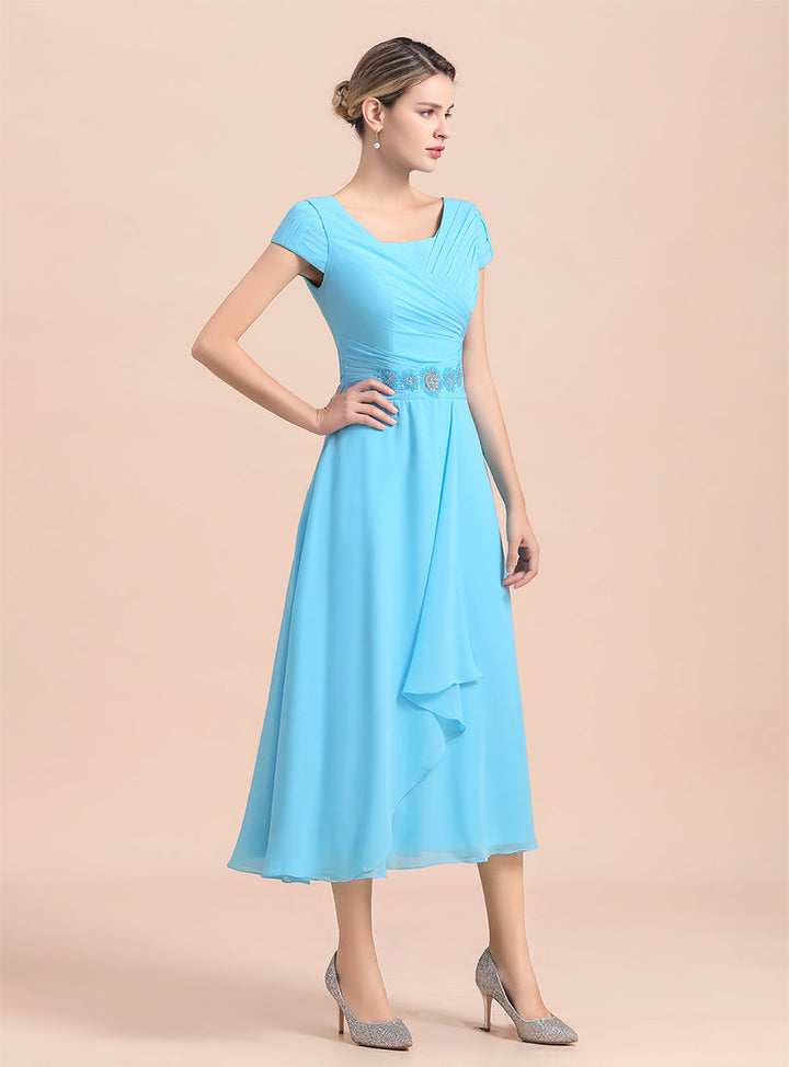 Short Sleeves Chiffon Tea-Length Dress-koscy