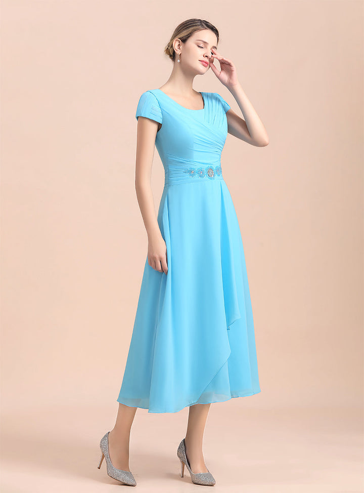 Short Sleeves Chiffon Tea-Length Dress-koscy