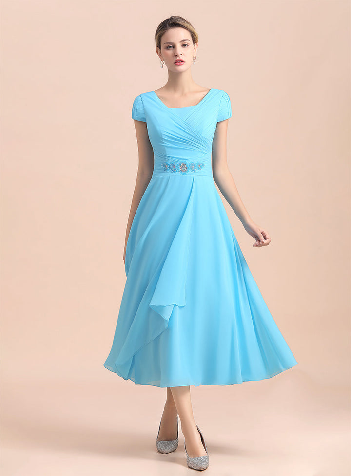 Short Sleeves Chiffon Tea-Length Dress-koscy