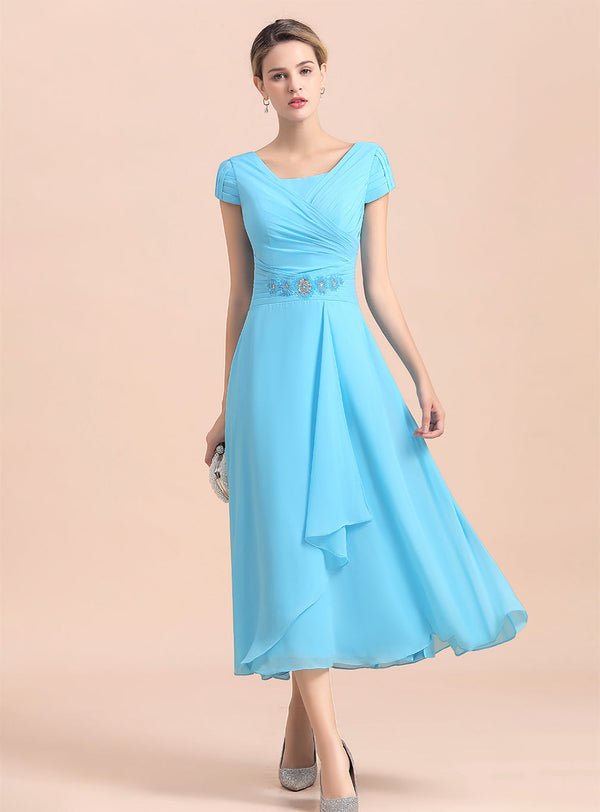 Short Sleeves Chiffon Tea-Length Dress-koscy