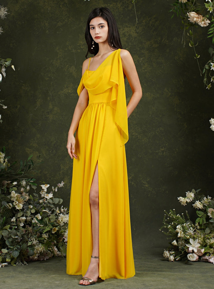 Spaghetti Straps Backless A-Line Chiffon Split Floor-Length Dress With Pockets-koscy