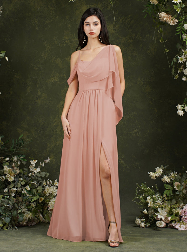 Spaghetti Straps Backless A-Line Chiffon Split Floor-Length Dress With Pockets-koscy