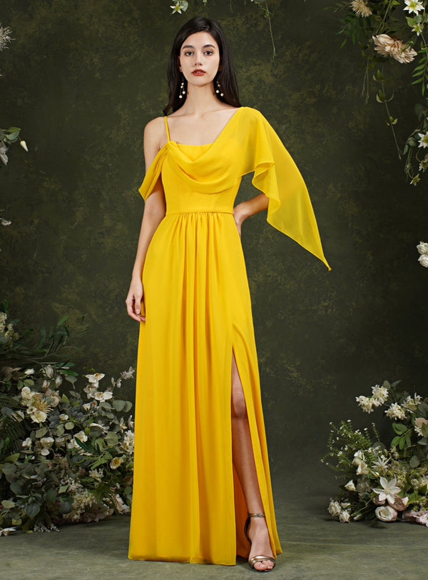 Spaghetti Straps Backless A-Line Chiffon Split Floor-Length Dress With Pockets-koscy