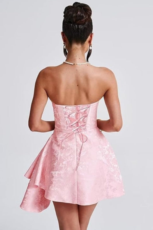 Sparkle Strapless Mini Party Dress Backless Satin Jacquard Homecoming Dress - Prom Dresses