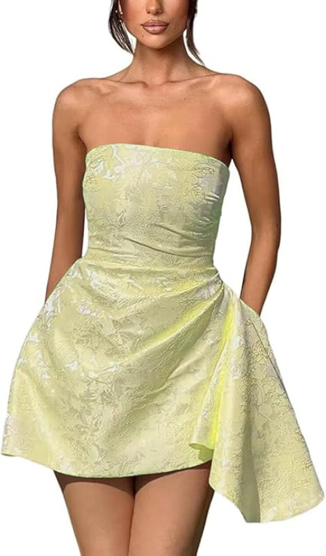 Sparkle Strapless Mini Party Dress Backless Satin Jacquard Homecoming Dress - Prom Dresses