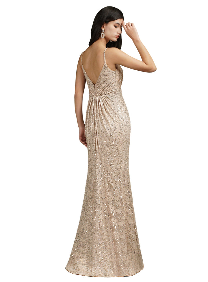 Sparkly Spaghetti Strap Sleeveless Long Meramid Sequins floor length Dress-koscy