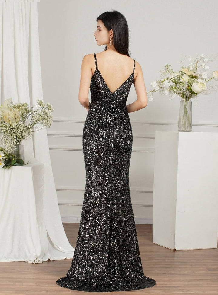 Sparkly Spaghetti Strap Sleeveless Long Meramid Sequins floor length Dress-koscy