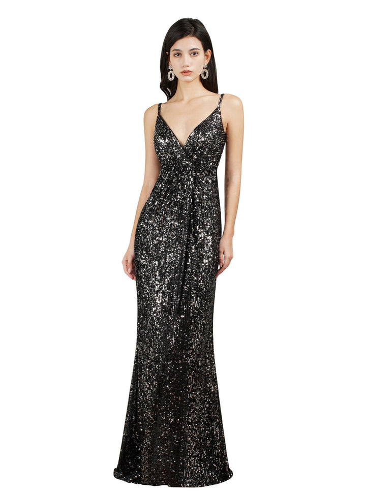 Sparkly Spaghetti Strap Sleeveless Long Meramid Sequins floor length Dress-koscy