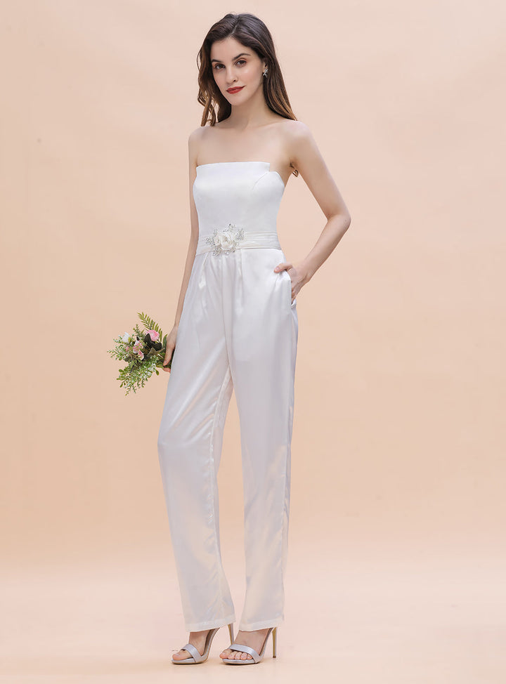 Strapless Satin Jumpsuit with Beading Flowers-koscy