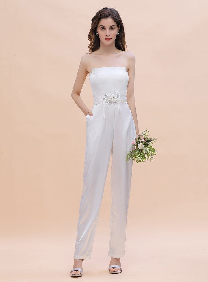 Strapless Satin Jumpsuit with Beading Flowers-koscy