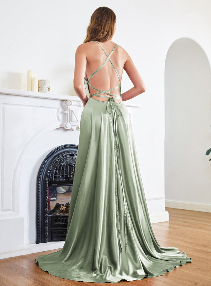 Stunning Spaghetti Straps Satin Floor Length Dress with Side Slit-koscy