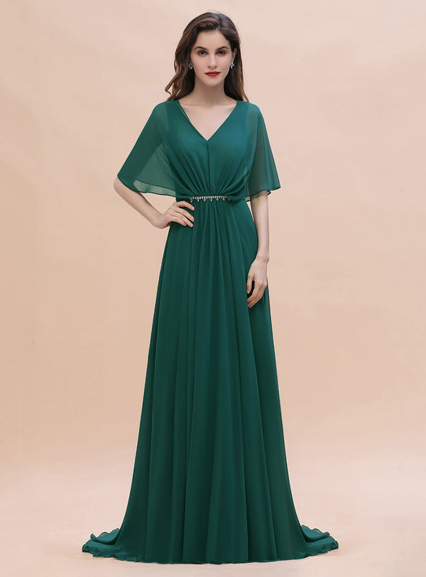 V-Neck Half Sleeves Chiffon Ruffles Floor-Length Dress-koscy