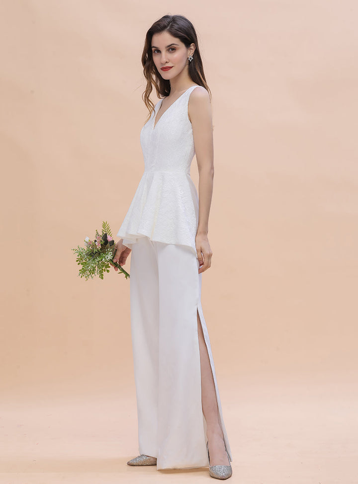 V-Neck Lace Sleeveless Satin Jumpsuits with Hollowout-koscy