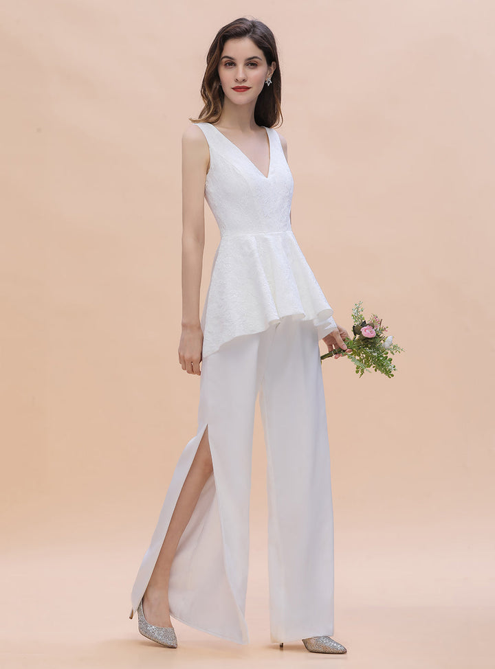 V-Neck Lace Sleeveless Satin Jumpsuits with Hollowout-koscy