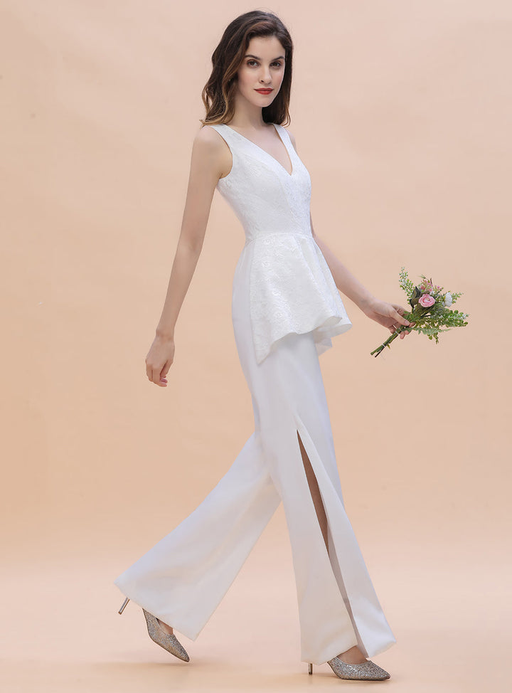 V-Neck Lace Sleeveless Satin Jumpsuits with Hollowout-koscy