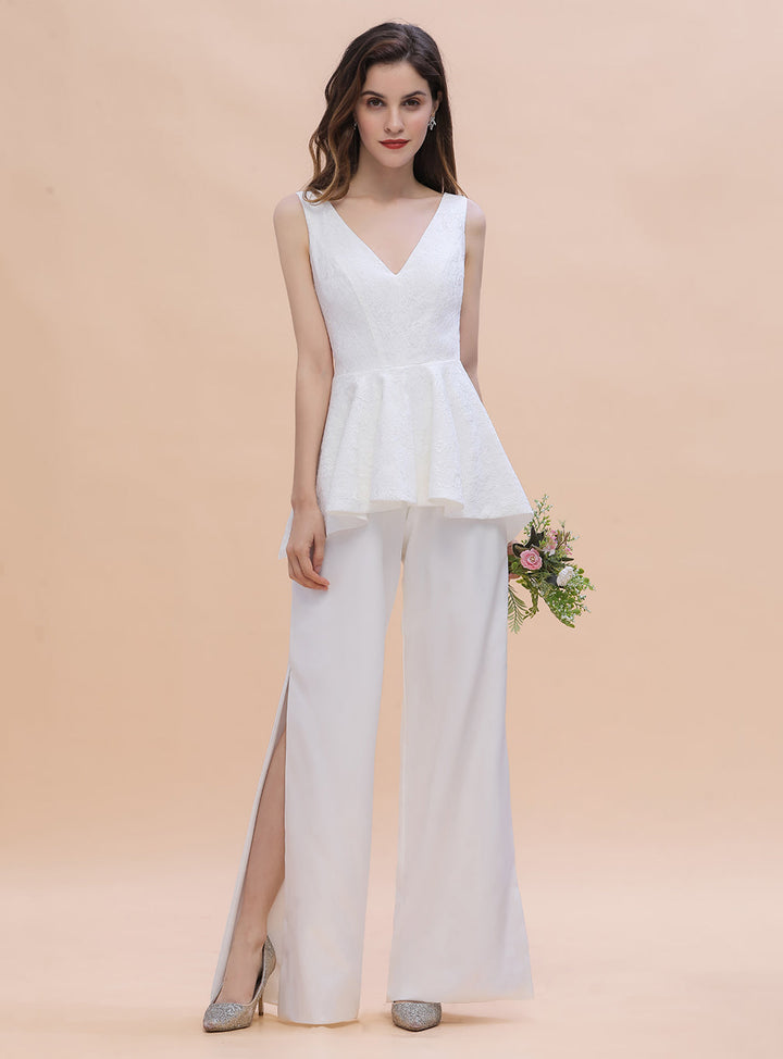 V-Neck Lace Sleeveless Satin Jumpsuits with Hollowout-koscy