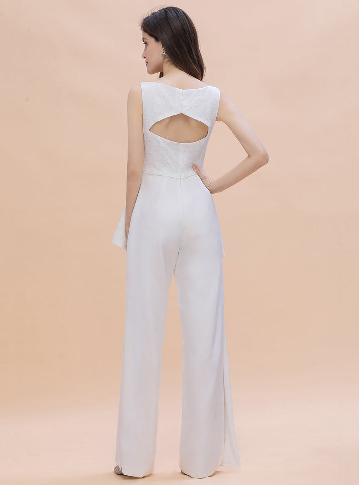 V-Neck Lace Sleeveless Satin Jumpsuits with Hollowout-koscy