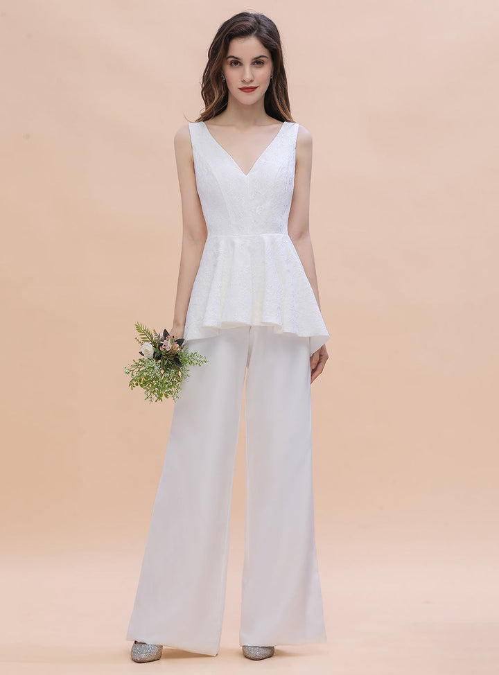 V-Neck Lace Sleeveless Satin Jumpsuits with Hollowout-koscy