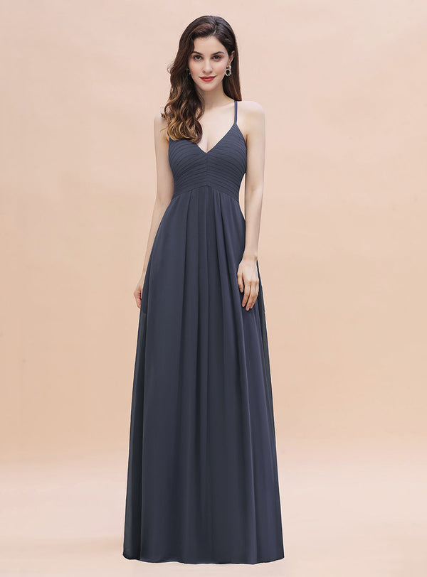 V-Neck Spaghetti Straps Sleeveless Chiffon Floor-Length Dress-koscy