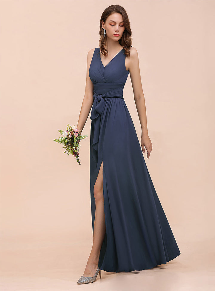 V-Neck Straps Sleeveless Chiffon Slit Dress-koscy