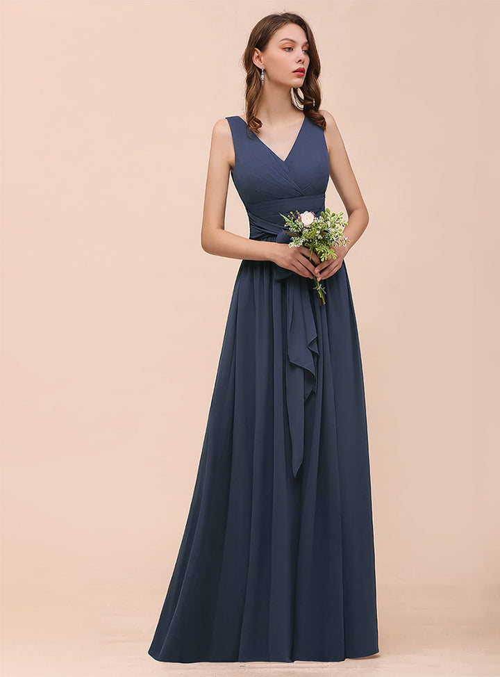 V-Neck Straps Sleeveless Chiffon Slit Dress-koscy