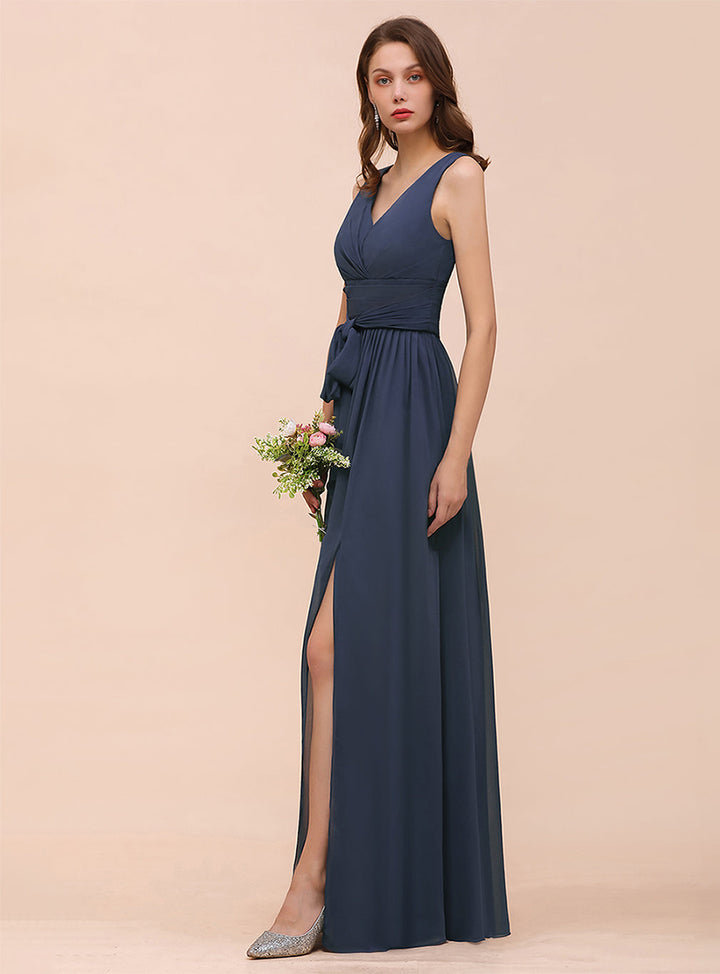 V-Neck Straps Sleeveless Chiffon Slit Dress-koscy