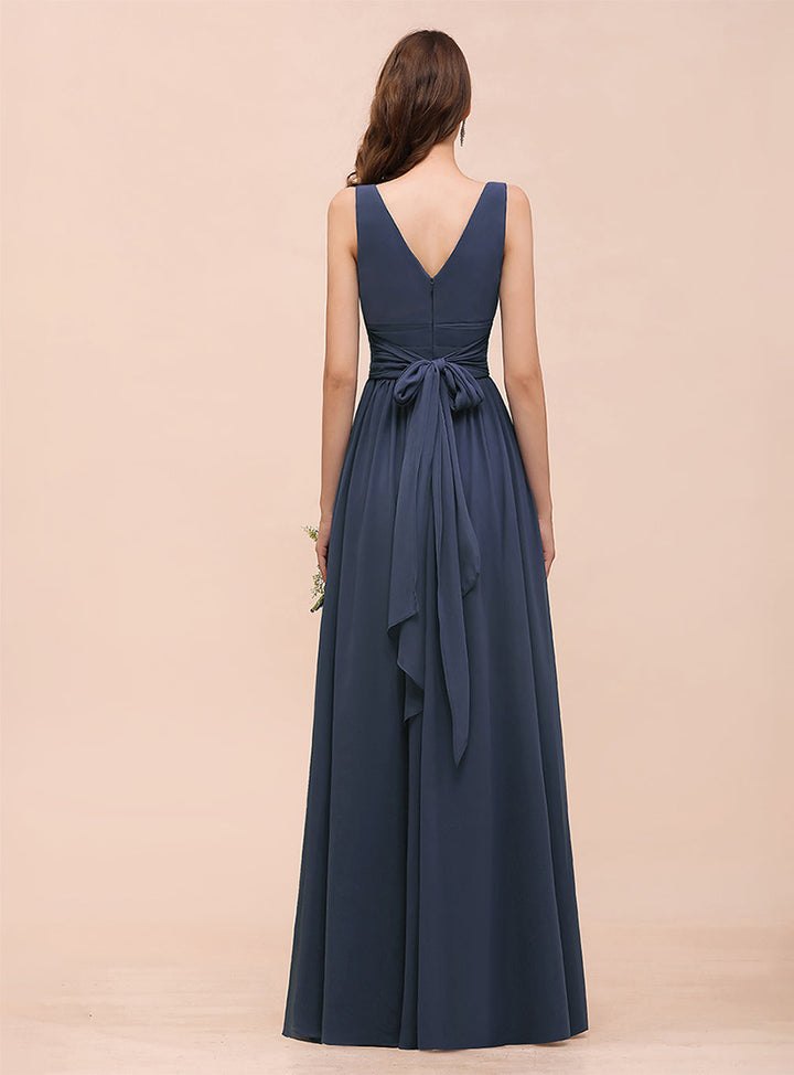 V-Neck Straps Sleeveless Chiffon Slit Dress-koscy