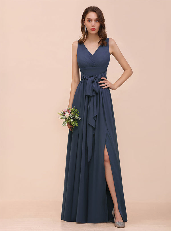 V-Neck Straps Sleeveless Chiffon Slit Dress-koscy