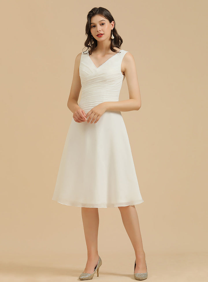 V-Neck Straps Sleeveless Knee-length Chiffon Dress-koscy