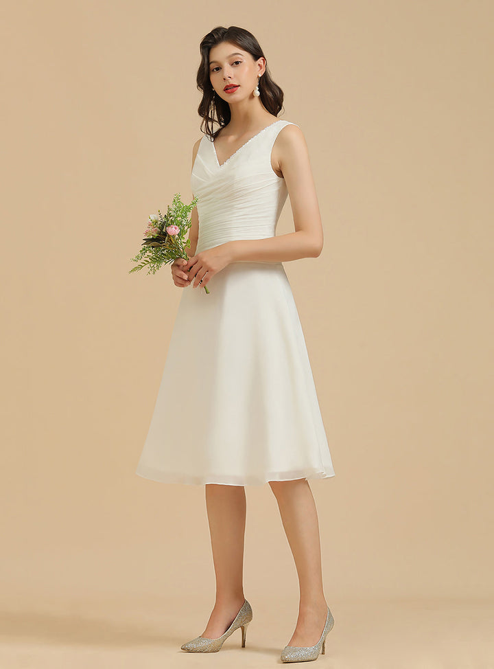 V-Neck Straps Sleeveless Knee-length Chiffon Dress-koscy