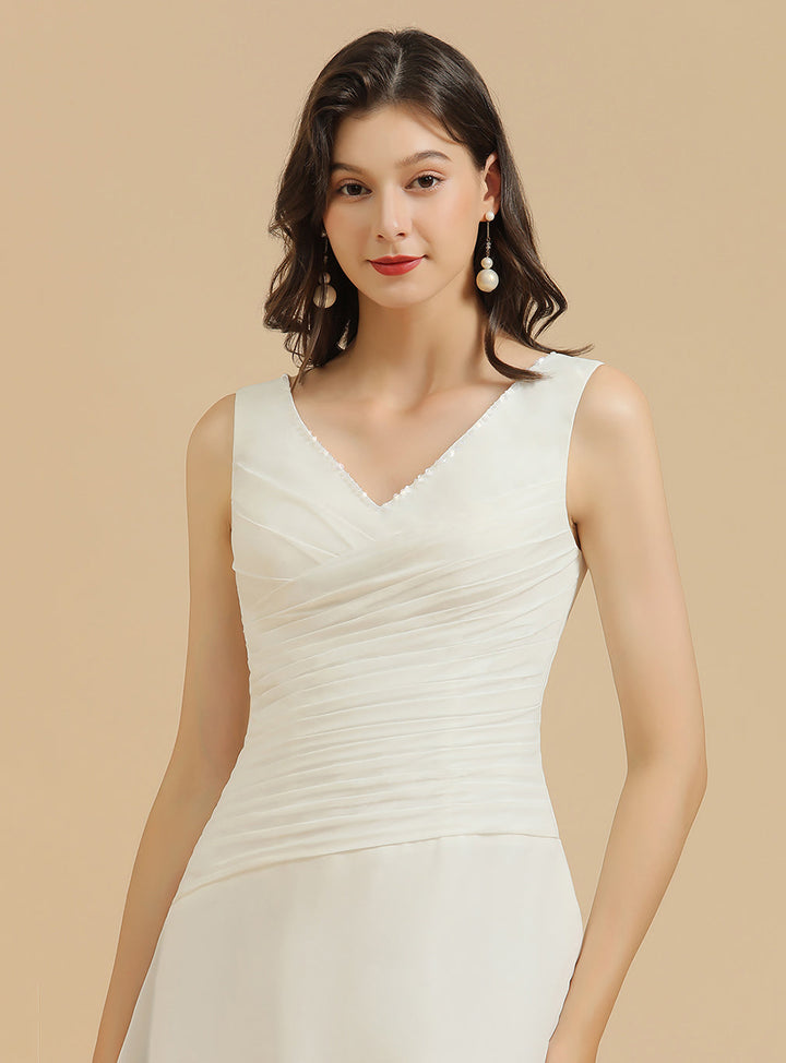 V-Neck Straps Sleeveless Knee-length Chiffon Dress-koscy