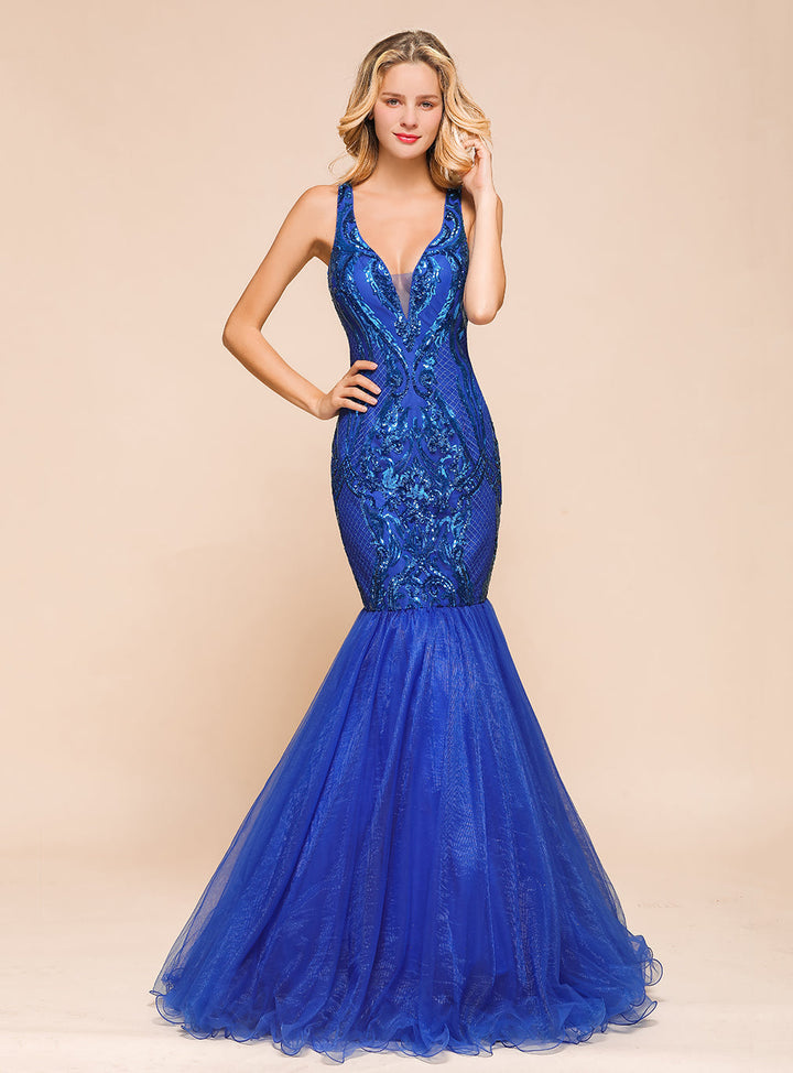 V-Neck Straps Sleeveless Mermaid Floor-Length Dress-koscy