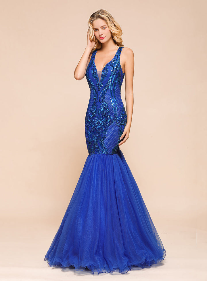 V-Neck Straps Sleeveless Mermaid Floor-Length Dress-koscy