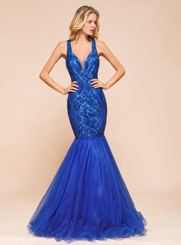 V-Neck Straps Sleeveless Mermaid Floor-Length Dress-koscy