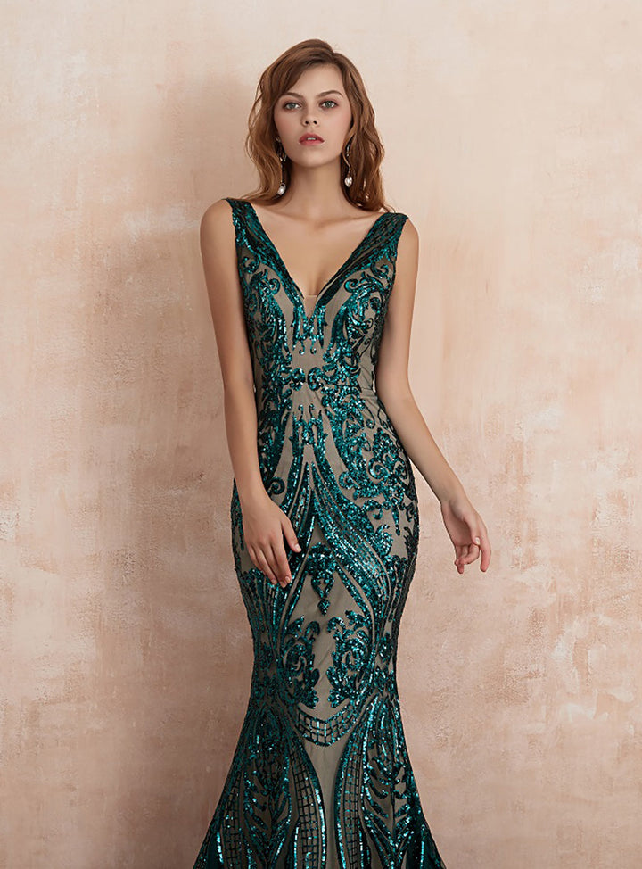 V-Neck Straps Sleeveless Sequins Mermaid Dress-koscy