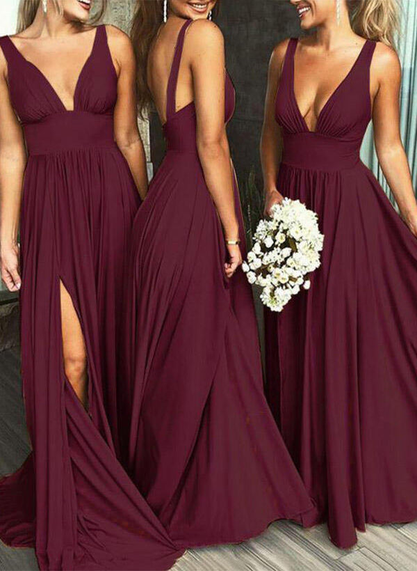 A-Line/Princess V-Neck Charmeuse Floor-Length Bridesmaid Dresses With Split Front