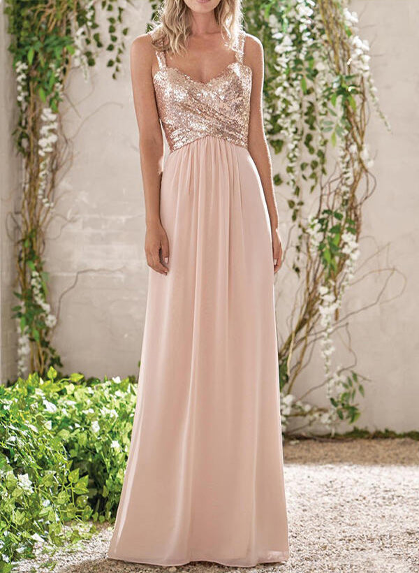 V-Neck Sequined Floor-Length Bridesmaid Dresses Chiffon With Sequins Pleated