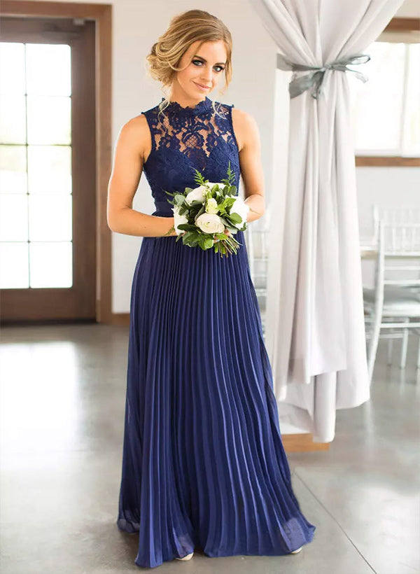 High-Neck Sleeveless A-line Floor-Length Chiffon Bridesmaid Dress With Pleated Lace