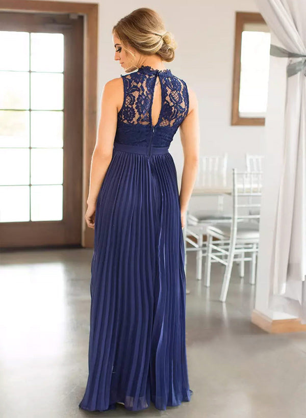 High-Neck Sleeveless A-line Floor-Length Chiffon Bridesmaid Dress With Pleated Lace