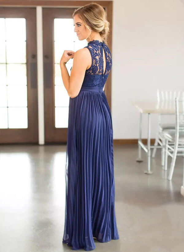 High-Neck Sleeveless A-line Floor-Length Chiffon Bridesmaid Dress With Pleated Lace