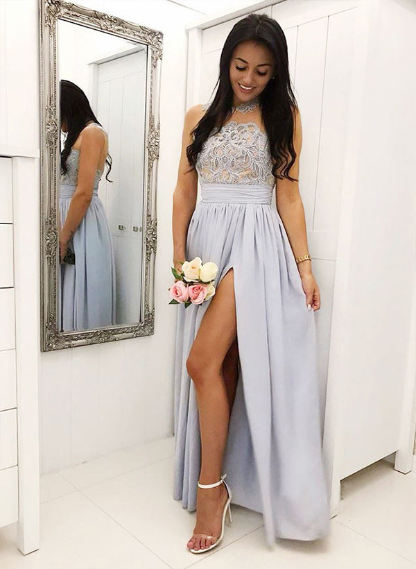 A-line High Neck Sleeveless Floor-Length Chiffon Bridesmaid Dresses With Front Split