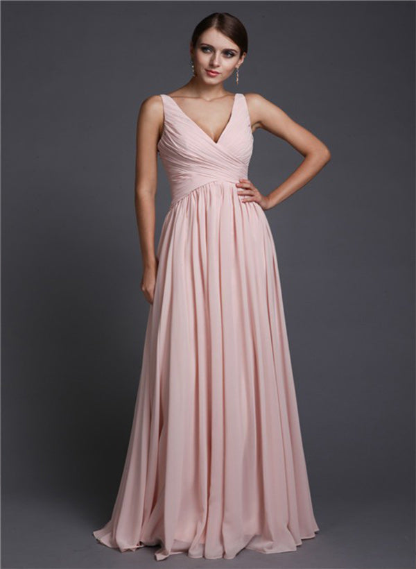 A-Line Chiffon V-neck Sleeveless Floor-Length Bridesmaid Dresses With Ruffle