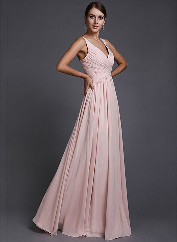 A-Line Chiffon V-neck Sleeveless Floor-Length Bridesmaid Dresses With Ruffle