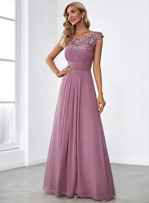 A-Line Scoop Neck Sleeveless Chiffon Floor-Length Bridesmaid Dresses Featuring Back Hole Lace