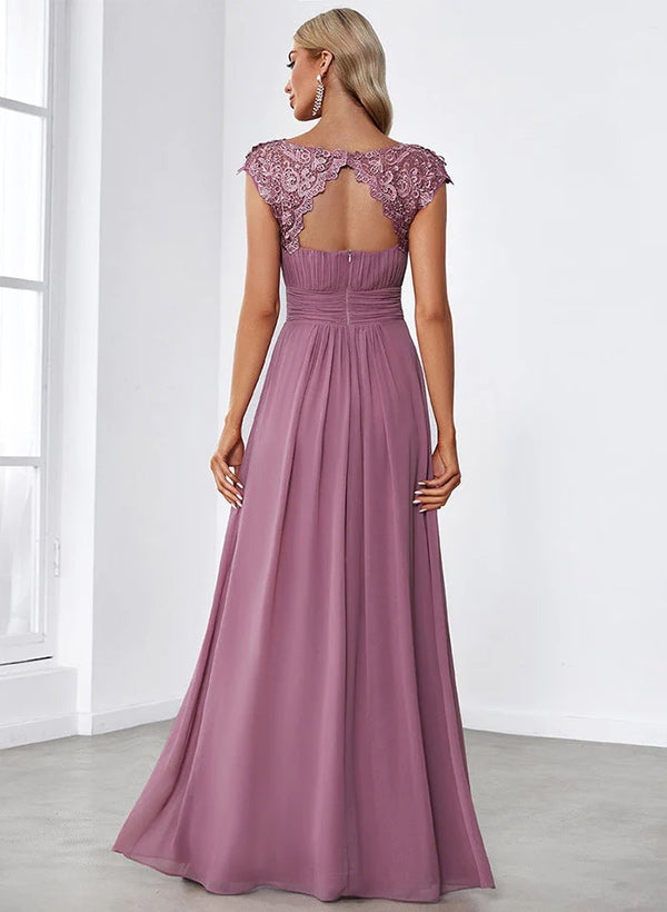 A-Line Scoop Neck Sleeveless Chiffon Floor-Length Bridesmaid Dresses Featuring Back Hole Lace